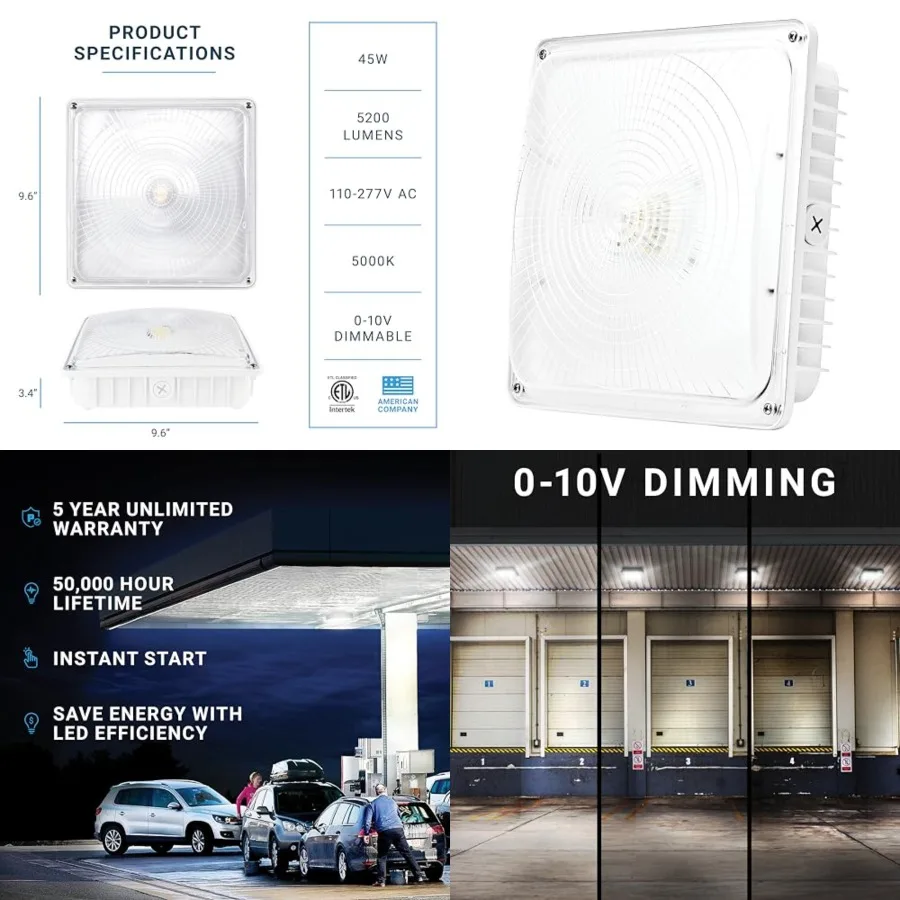 

PARMIDA LED Canopy Light, 45W, 0-10V Dimmable, 110-277VAC, IP65 Waterproof, ETL-Listed, 5000K Day Light,9.6" x 9.6", Gas Statio