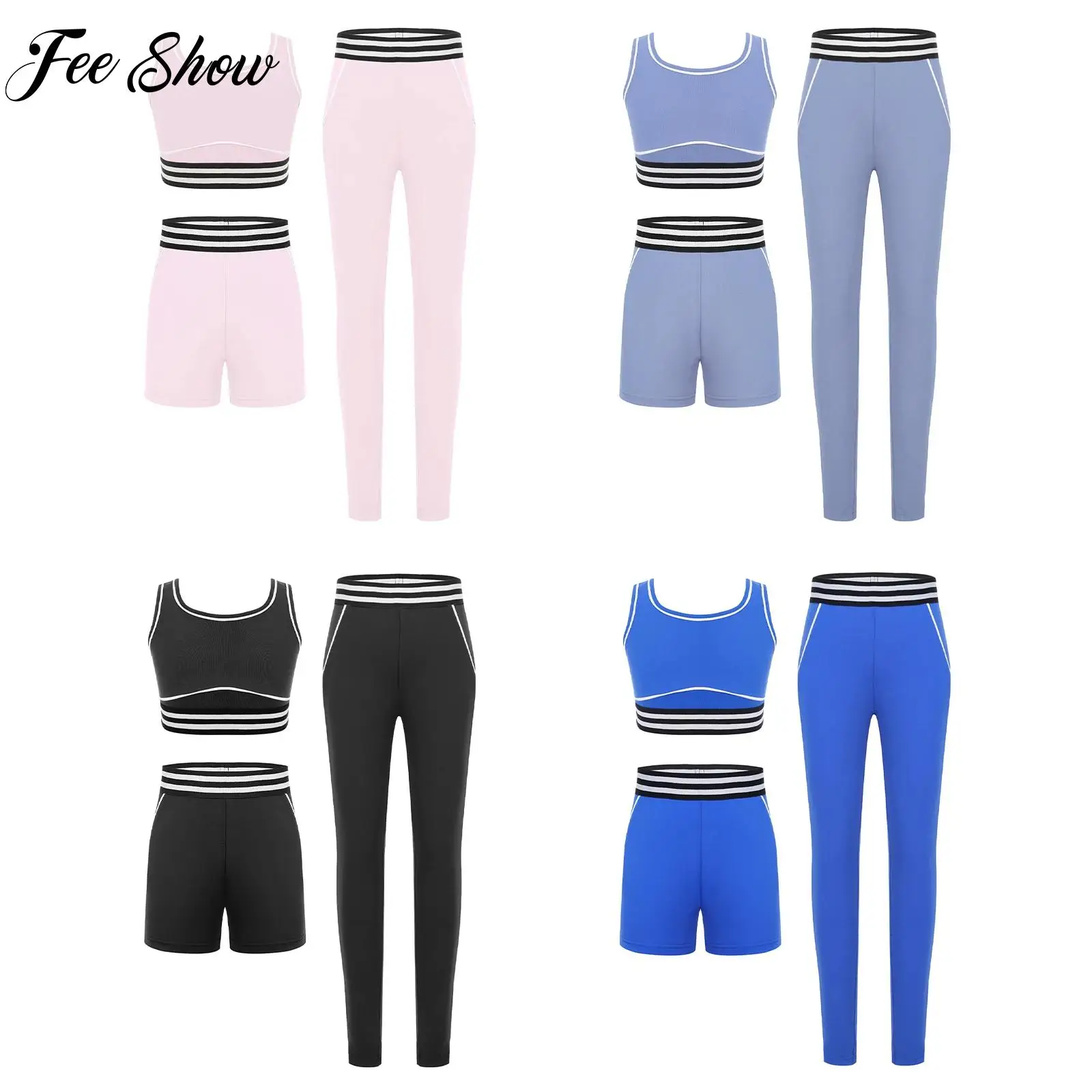 

Спортивный костюм из 3 предметов для девочек, спортивный костюм без рукавов, полосатый укороченный жилет с шортами и леггинсами, комплект для йоги, бега, велоспорта, тренировок