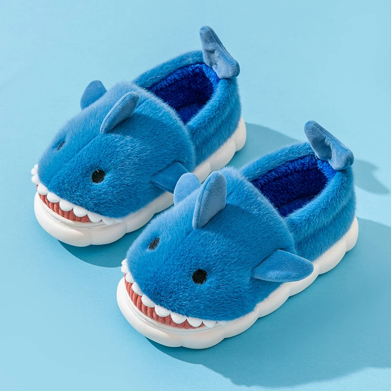 

Winter Furry Shark Slippers Men Women Indoor Comfortable Warm Women's Home Slippers Blue Funny Cartoon House Men's Plush Shoes