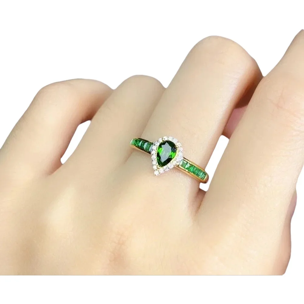 

KJJEAXCMY-925 Sterling Silver Ring for Women Fine Jewelry, Inlaid Natural Diopside, Trendy Fresh Water Drop, Chinese Style, Gem