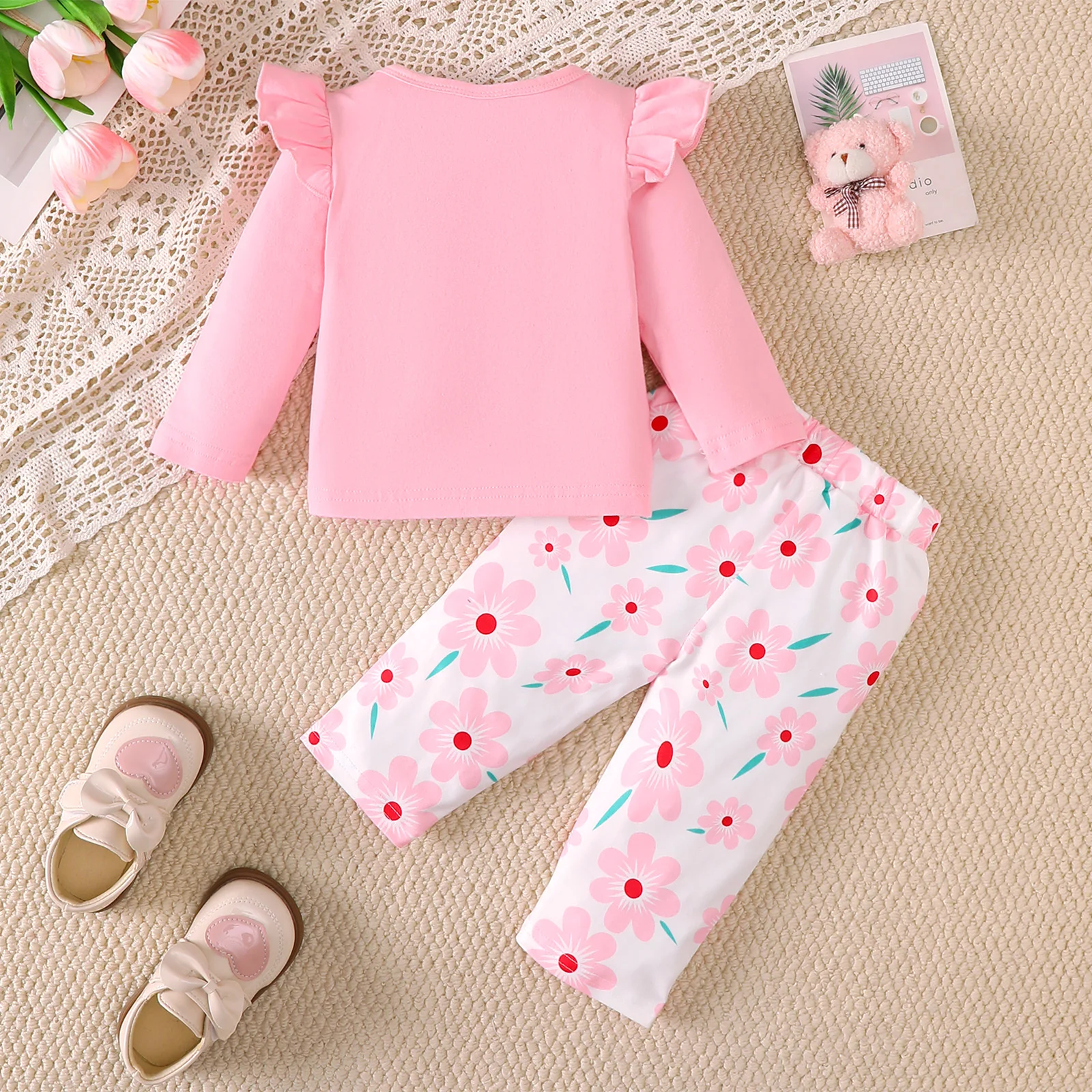 0-3 Year Old  Baby Girl Set Cartoon Bear Comfort Long Sleeve Top+Flower Long Pants Suitable Cute Baby Girl Spring Autumn Set