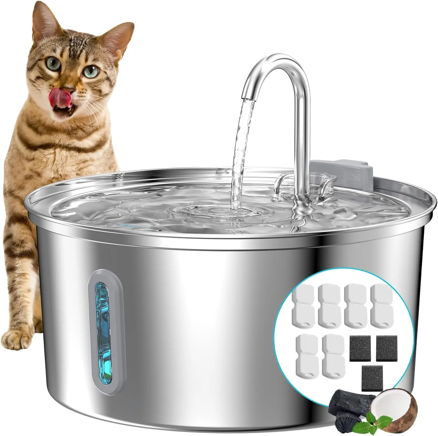 

Stainless Steel Cat Water Fountain 108oz 3.2L with 6 Filters Quiet Pump Easy Clean