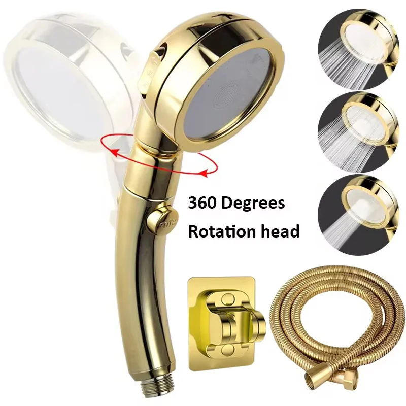 High Pressure Shower Head Set With Hose and Holder Golden 3 Modes Large Flow Rainfall Handheld Shower Faucet Bathroom Accessoies