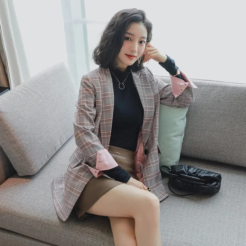 Blazer casual chique vintage feminino, roupa de trabalho, senhora cinza do escritório, manga comprida, ternos finos de botão único, blazers xadrez estilo inglês