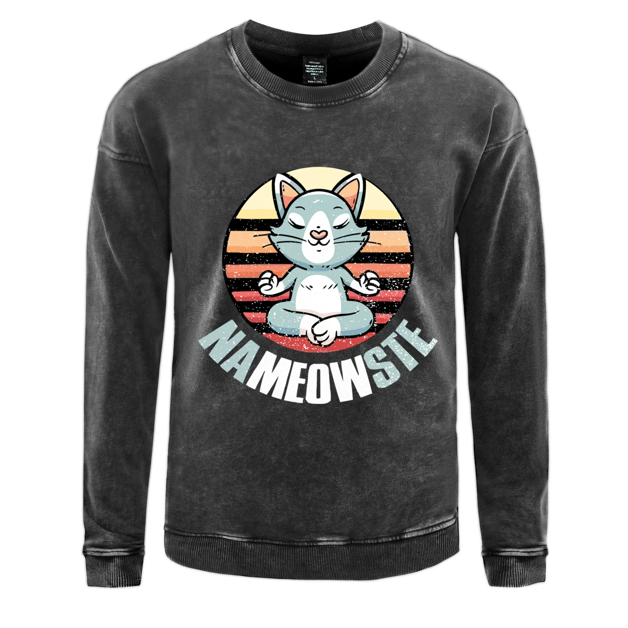 Cat Meditation Printing Men Washed Cotton Sweatshirts Fashion Crewneck Pullover Vintage Oversize Hooded Clothing