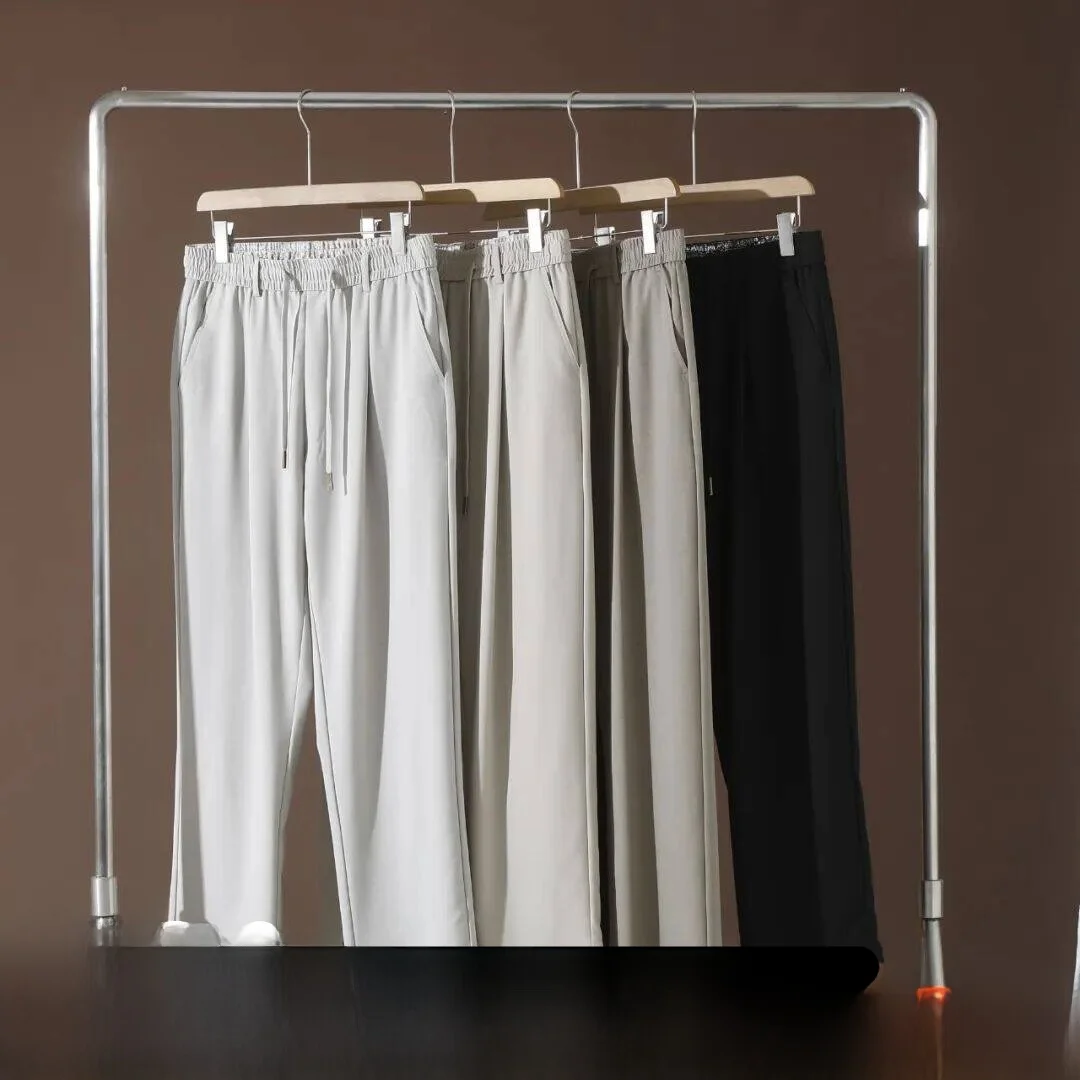 

Casual Straight Leg Pants Men's Loose Waist Drawstring Long Trousers Mixed Flax Lyocell Draping Sensation High-End Feeling