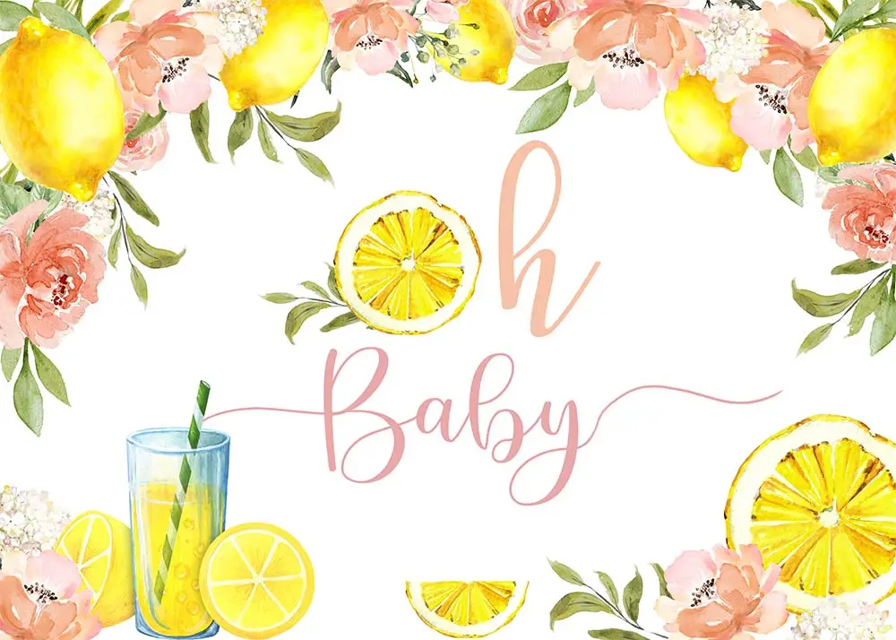 7x5FT Pink Yellow Oh Baby Shower Lemon Lemonade Custom Outdoor Weatherproof Photo Background Wrinkle Free Polyester Polycotton