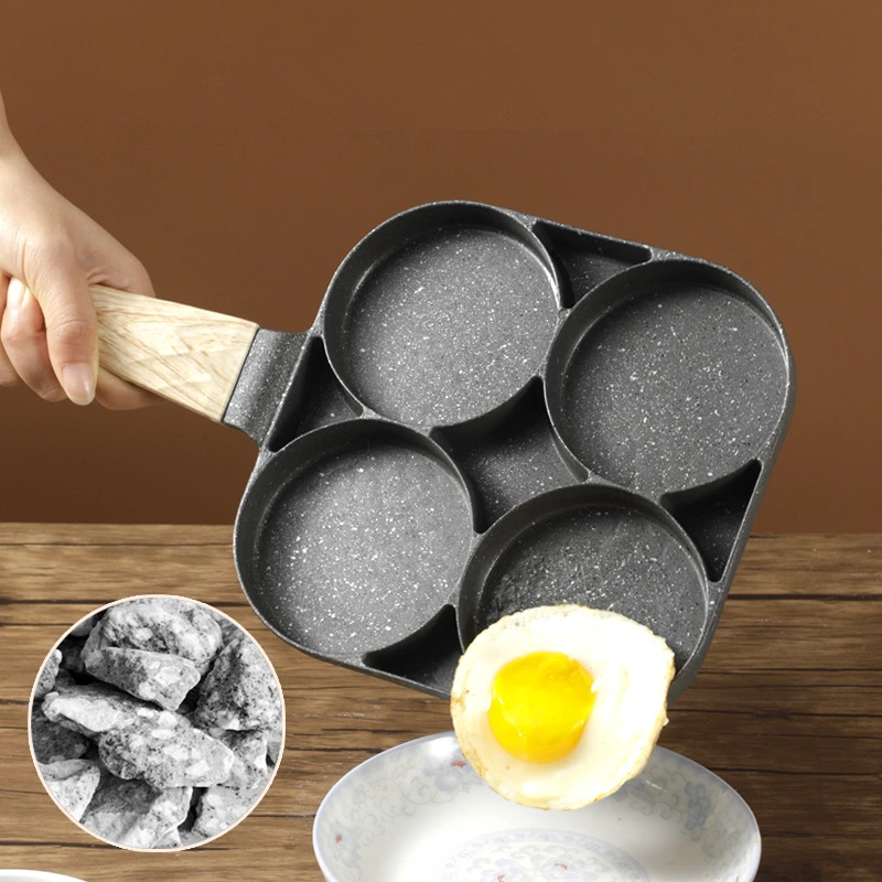 

2/4 Hole Maifan Stone Wooden Handle Omelette Pan Non-Stick Egg Steak Pancake Frying Pan Cooking Pots Breakfast Maker Kitchenware