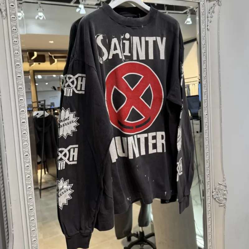 Vintage Washed Worn Black Saint Tshirt Prohibit Errors Red Logo Splattered Graffiti Letter Long Sleeve Men Women Streetwear