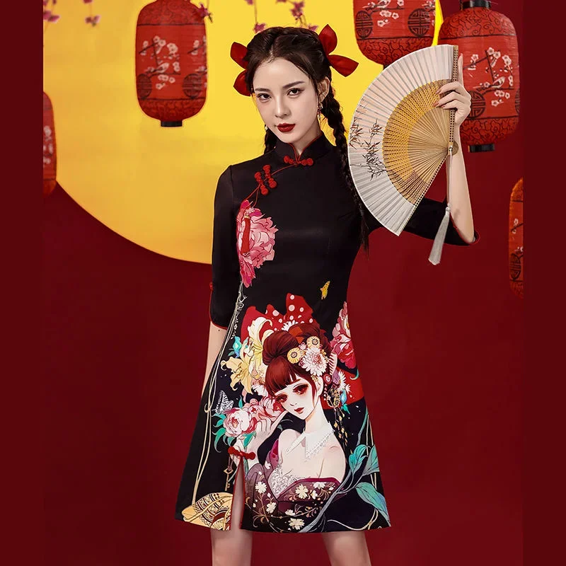 Chinese Style Cheongsam Dress Women Fashion Black Modern Modified Qipao National Traditional Robe Orientale Girl Vestido Chino