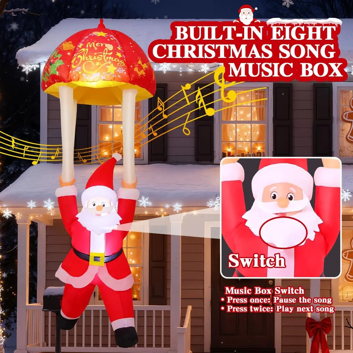 8.2 FT Outdoor Christmas Santa Claus Inflatable Yard Decoration, Hanging Parachute Blow-Up Santa with Music and Built-in LED Lights