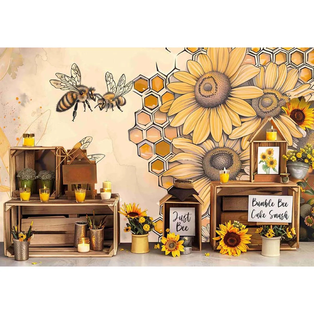 Allenjoy Sunflower Bee Painting Backdrop