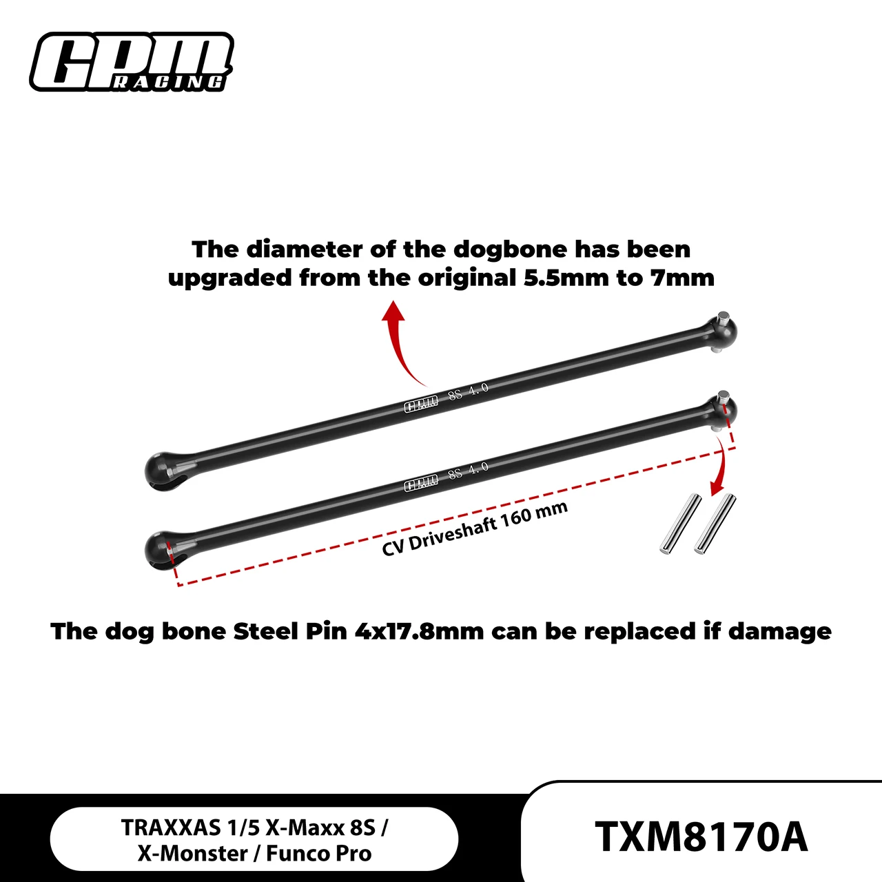 GPM Carbon Steel Dogbone vervangbare pen TRAXXAS 1/5 X-Maxx 8S,1/6 Funco Sand 8S