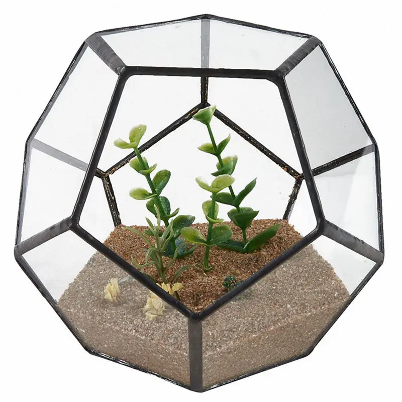 ABHU Black Glass Pentagon Geometric Terrarium Container Window Sill Decor Flower Pot Balcony Planter Diy Display Box (No Plant)