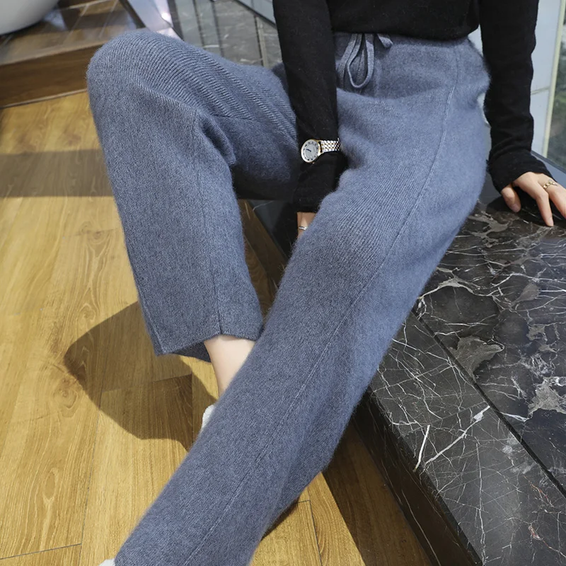 

100% чистый норковый кашемир, вязаные брюки для ног, женские теплые шаровары с эластичной резинкой на талии, повседневные свободные брюки, теплые леггинсы, осень и
