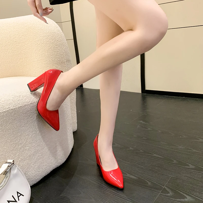 10cm High Heel Colorful Pumps Women\'s Shoes Pointed Toe Fashion Red 3.9inch Chunky Heels Patent Leather Female Plus Size 49 50