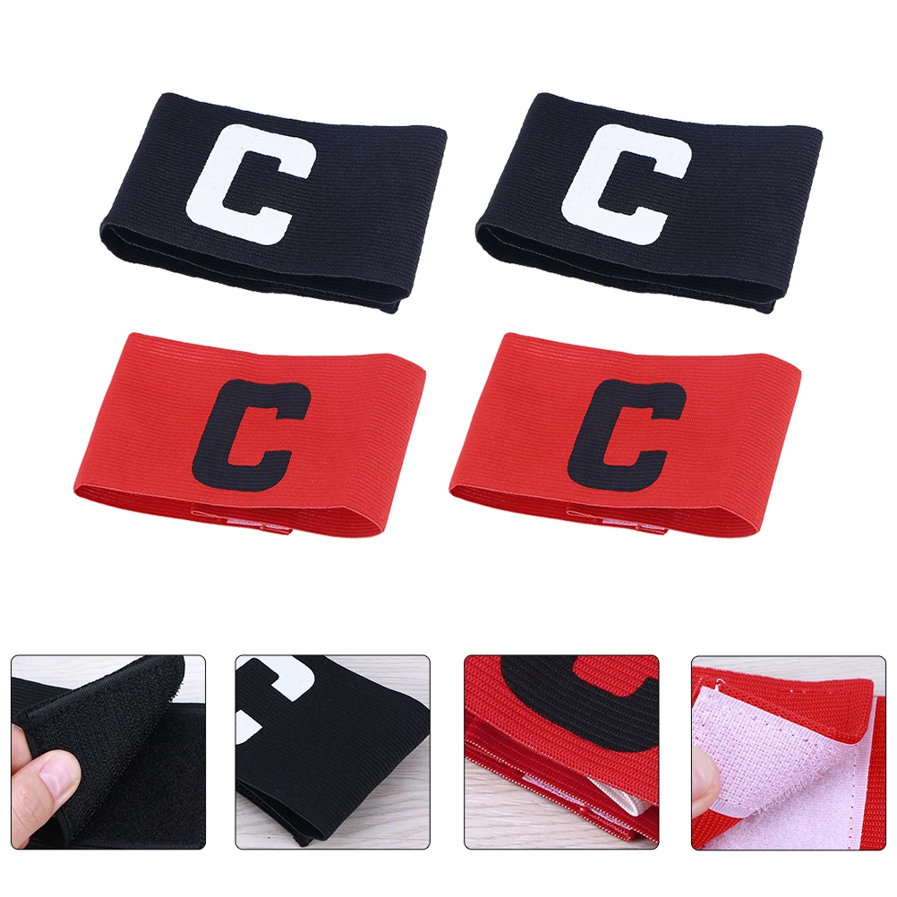 

4pcs Football Armband Captain Band Unisex Kids Adult Wear-resistant Reusable Basketball Soccer Accessory Arm Band Black Red
