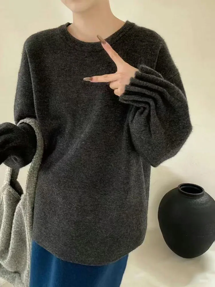 Korean Design Lantern Sve Thiened Knitted Sweater round Ne Loose Women's Autumn Winter Faionable All-Match Top