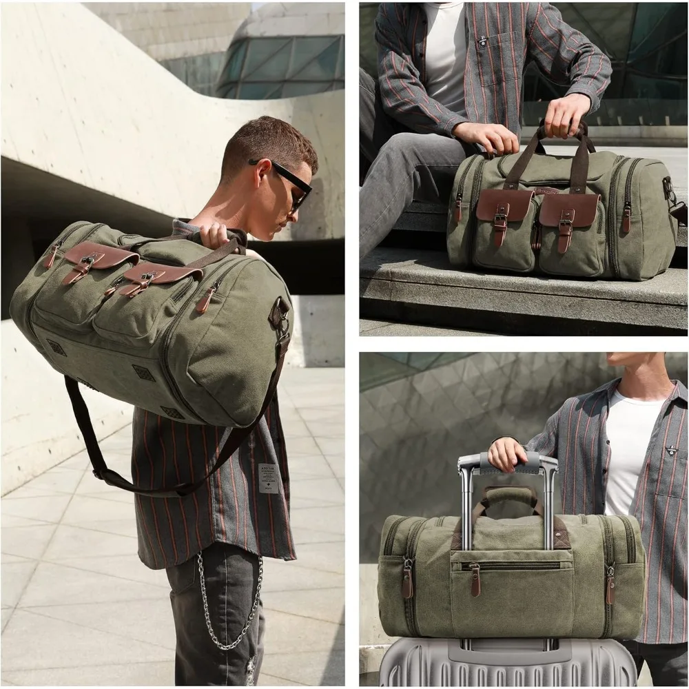 حقيبة سفر جلدية قابلة للتوسيع من القماش الخشن - سعة 60 لترًا، عطلة نهاية أسبوع مطورة للرحلات الليلية، حقيبة حمل مثالية للتجميع