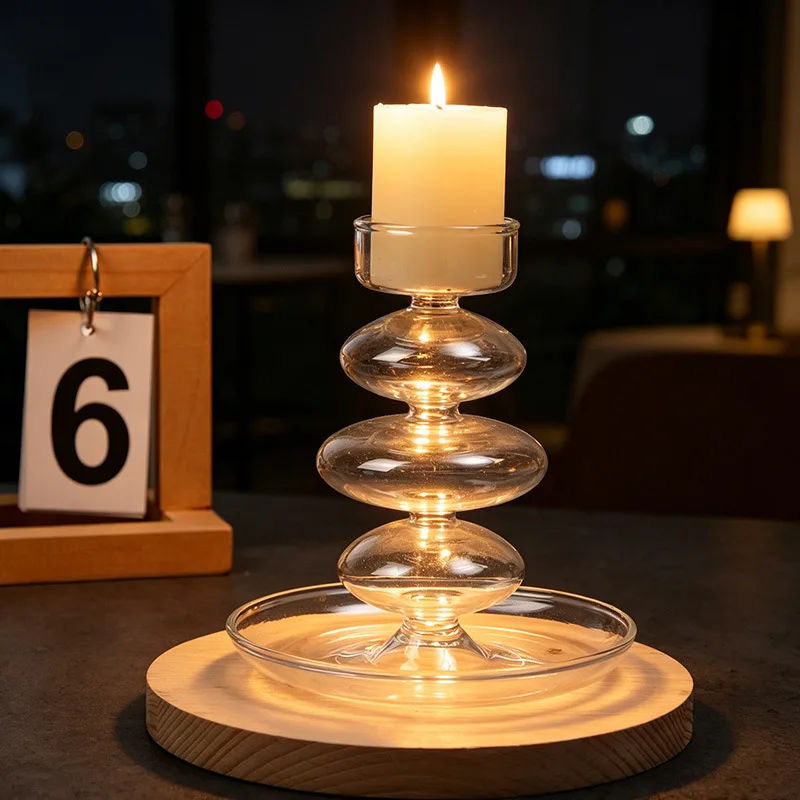 Nordic Ins Style French Clear Glass Candle Holder for Romantic Candlelight Dinner Dining Table Decor Ambience Ornament