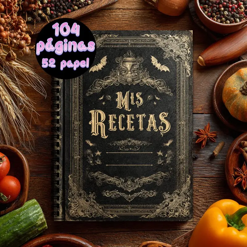 Cuaderno de recetas en español A5, libro de colección de recetas con encuadernación en espiral, puede contener hasta 100 recetas, tema vintage místico