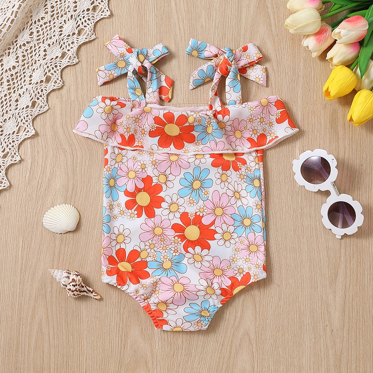 Baby Girl Summer Sunflower Print Onesie Triangle Swimsuit Infant Swimwear Comfortable Soft Fabric Baby Pool Suit