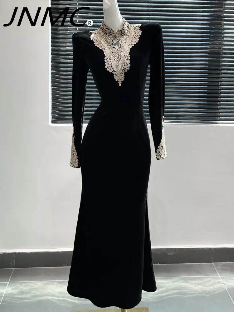 

JNMC Elegant And Fashionable Slim Fit Waist Cinched Long Sleeved Black Velvet Dress For Autumn Winter 2024 New For Women