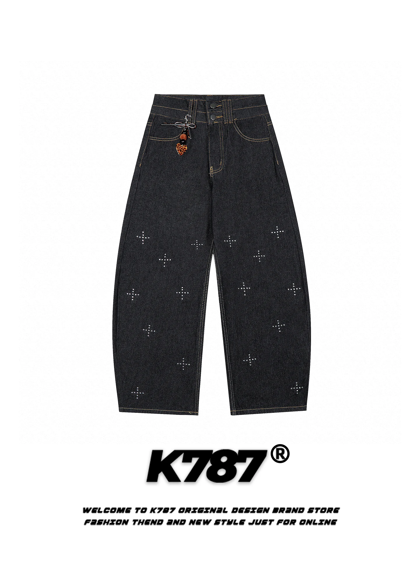 

Джинсы K787 в американском ретро-стиле с крестообразными стразами, унисекс, свободные, повседневные, широкие, длинные, с высокой талией, на пуговицах, из смесового хлопка