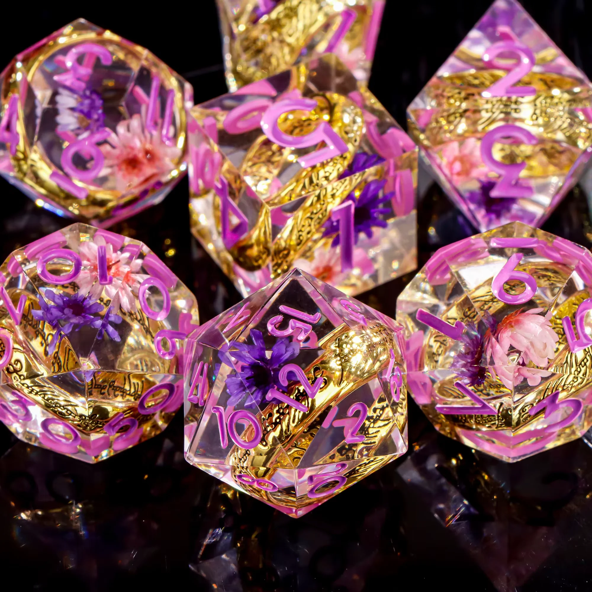 Sharp Edge Resin Dice Set with Embedded Golden Ring, Polyhedral DND Dice for Dungeons & Dragons, Fantasy TTRPG Gaming Dice