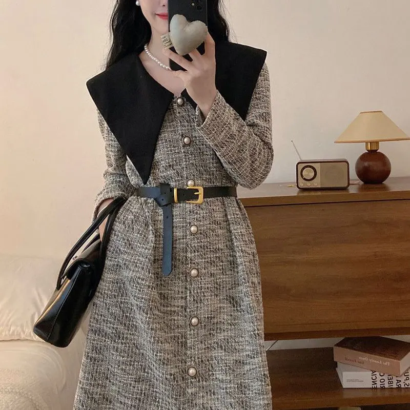 

Vintage Plaid A-Line Sashes Midi Dress Autumn Winter Long Sleeve Women's Clothing V-Neck Spliced Commute Single-breasted Dresses