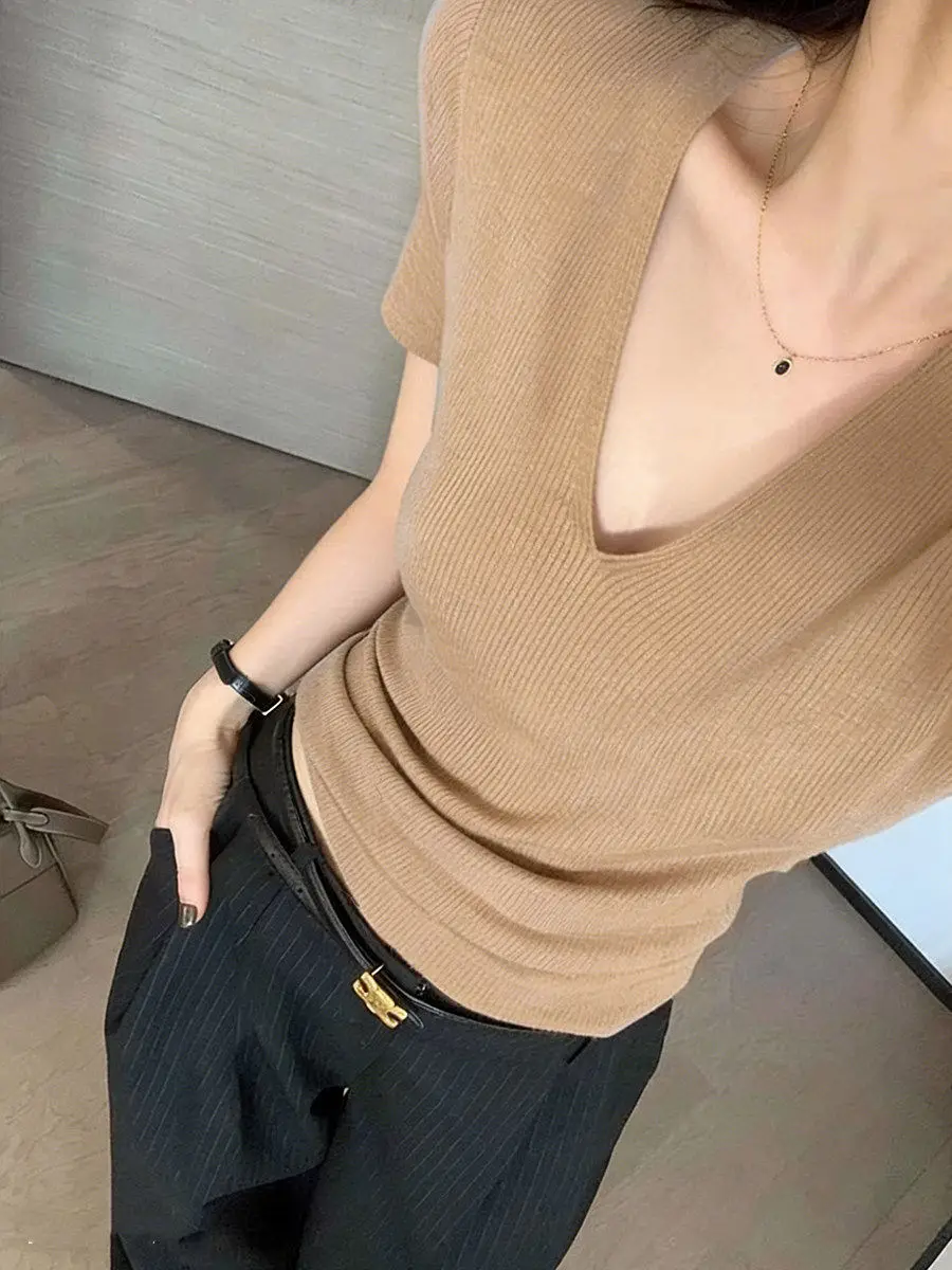 Slim Fit Ice Silk Knitted Short Sleeve V-Neck T-Shirt Women's Summer Fashionable Inner Wear Breathable Comfortable Korean Style