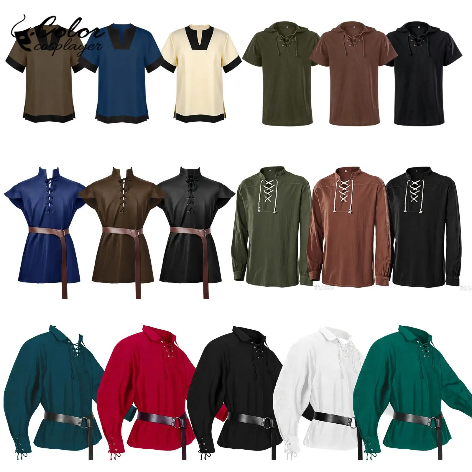 Men Medieval Renaissance Pirate Shirt Short Long Sleeve Lace Up Tops Vintage Halloween Cosplay Victorian Costume Blouse Viking
