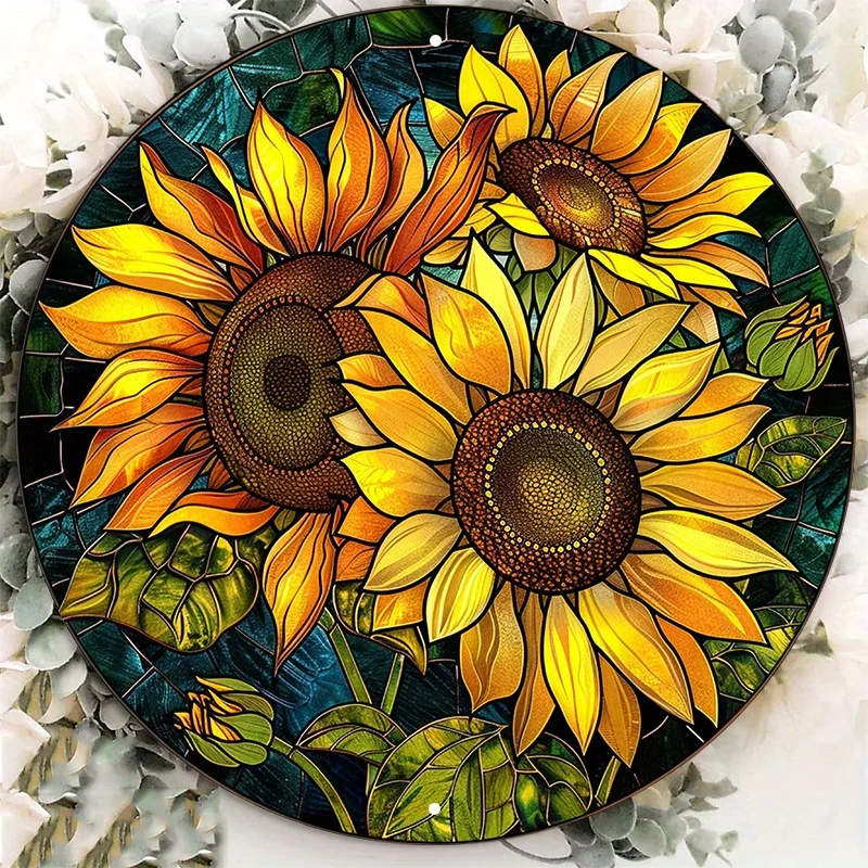 Sunflower Stained Glass Design Aluminum Metal Sign, HD Printing, Pre-drilled Round Wall Decor for Home, Garden, Outdoor Use