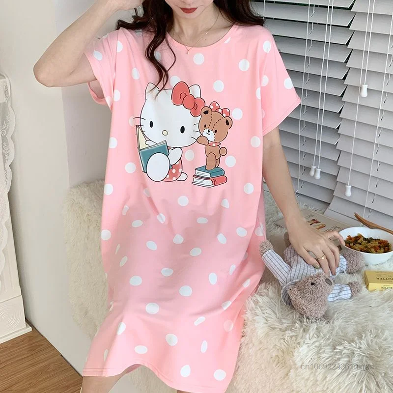 Sanrio Cinnamoroll Hello Kitty Summer Dress Oversized Tshirts Women Casual Fashion Home Clothes Y2k Female Loose Pajama Dresses