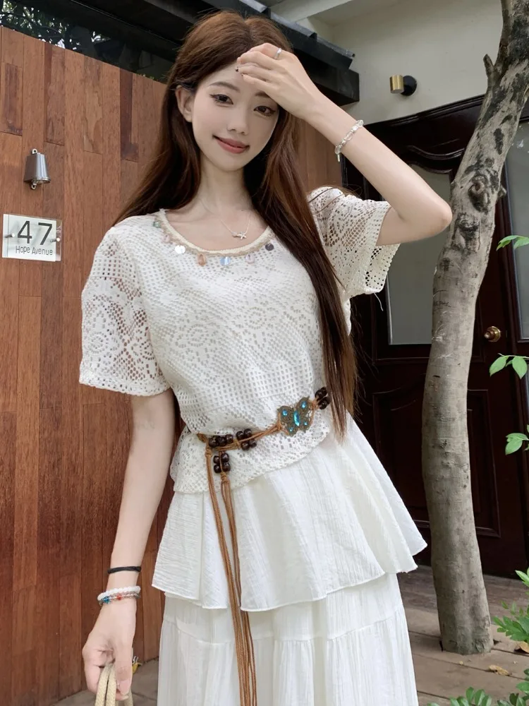 

Vacation Style Knitted Set Sweet Hollow Loose Short Sleeve T-Shirt Women Summer High Waist Skirt Maxi Dress Two Piece Set