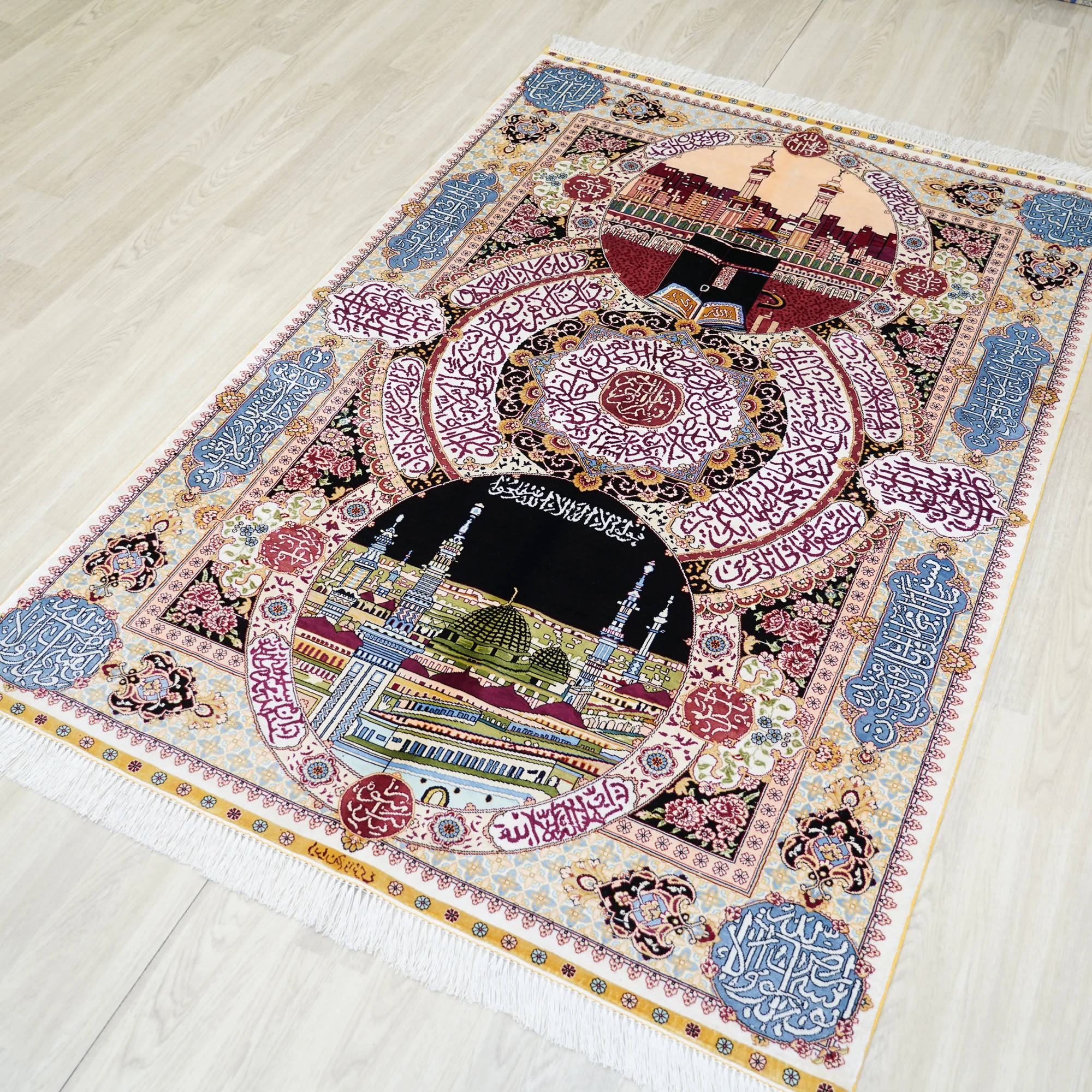 122x183cm Handmade Carpet Silk Knotted Persian Tassel Rug Luxury Islam Muslim Silk Tapestry