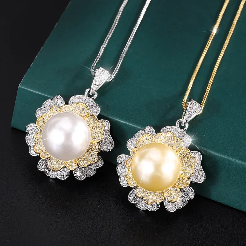 

2024 New Retro 925 Sterling Silver 14mm White Gold Natural Pearl Pendant Women Jewelry Necklace Cute Korean Fashion Flower Gift