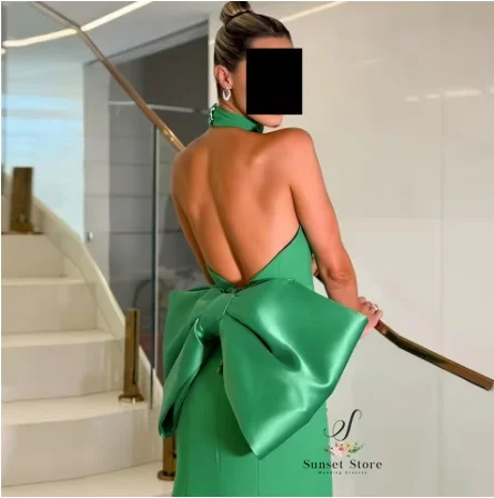 Vestido de noche personalizado hasta el suelo con cuello Halter, Jersey sin mangas con lazo y espalda descubierta, vestidos de celebridades de Color fotográfico, elegantes y a la moda 2025