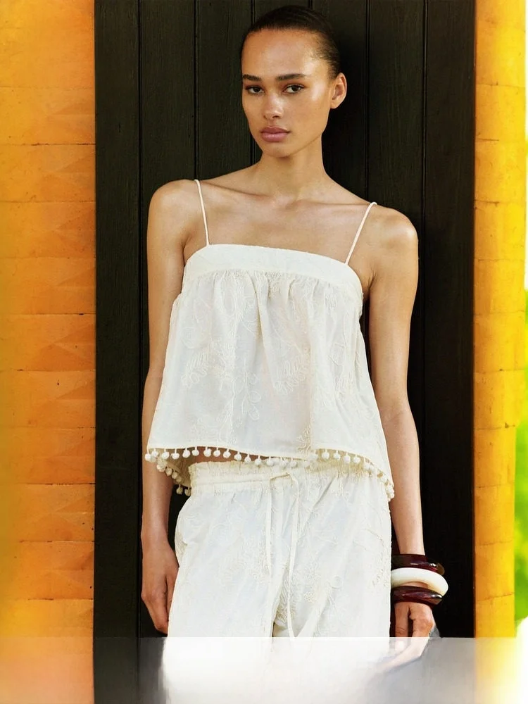 

H&M Summer Women's Sweet Style Embroidered Strap Top Cotton 100% Vest And Tube Shirt Fashion Ladies' Clothing