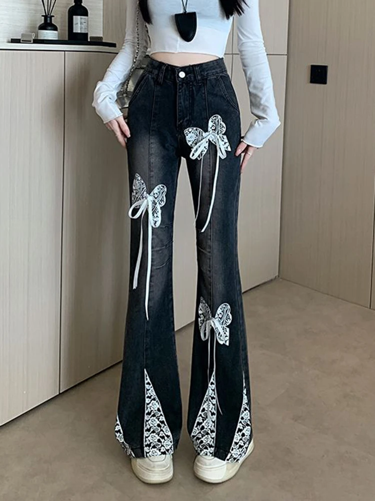 Retro Lace Bow Jeans Women High Waist Slim-Fit Denim Pants Black Jeans Casual Pocket Y2K Pants Skinny Trumpet Pants Flare Jeans