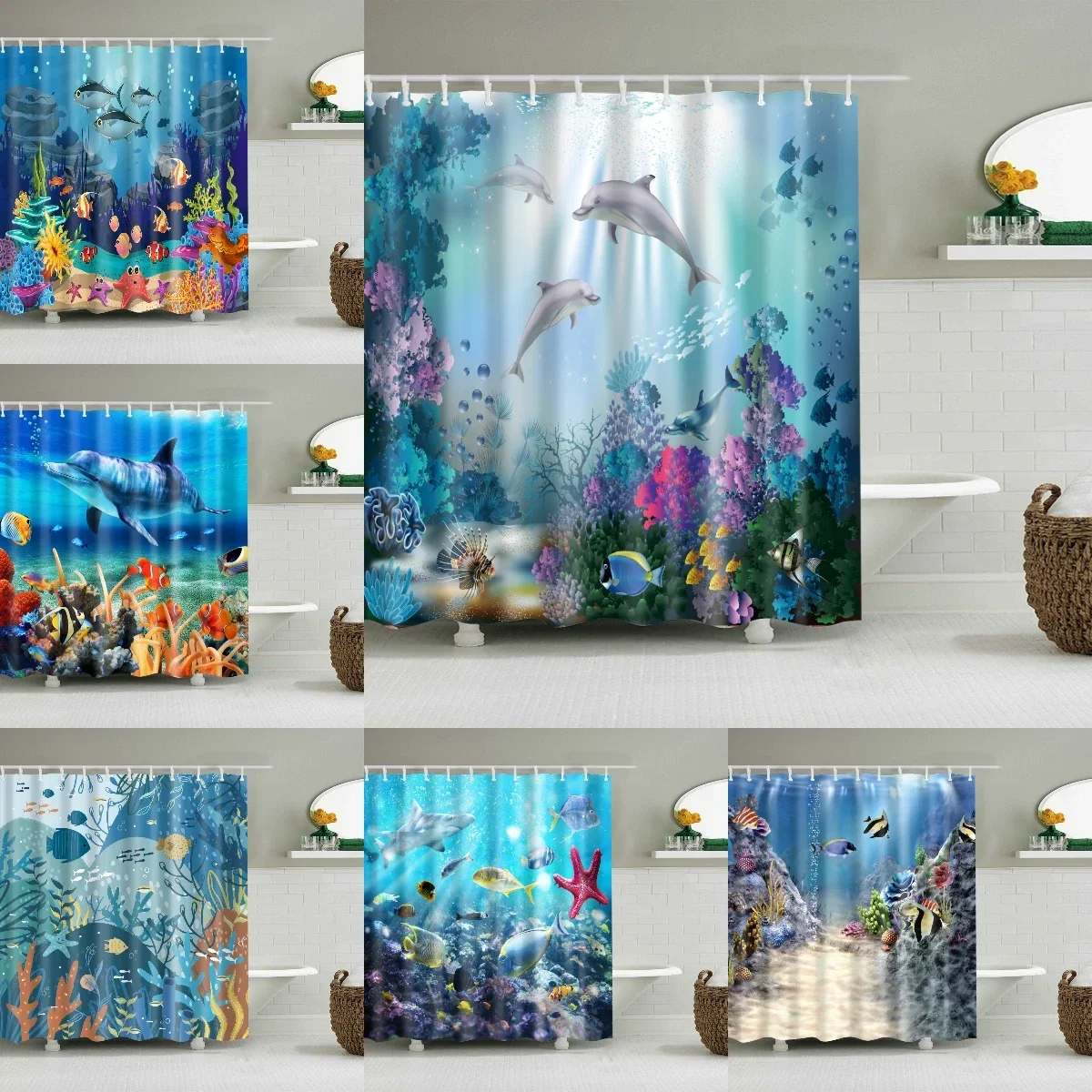 Sea Animals Fish Cartoon Kids Shower Curtain Bathroom Hanging Curtain Frabic Waterproof Polyester Shower Curtain with Hooks