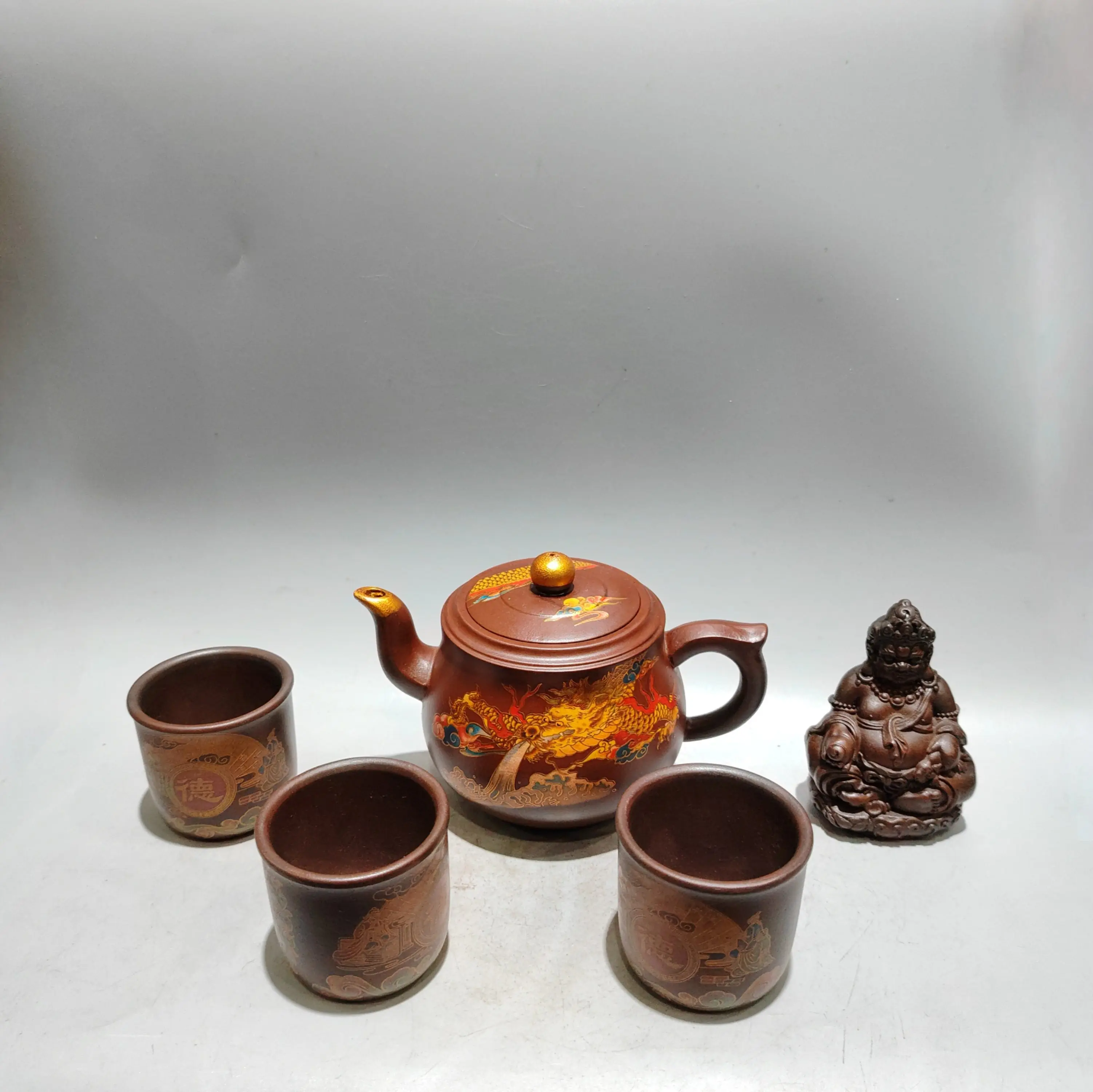 Purple Clay Pot Painted Dragon patterned teapot 3 cups Yellow God of Wealth Buddha a set Kettle Teapot Pot Tea
