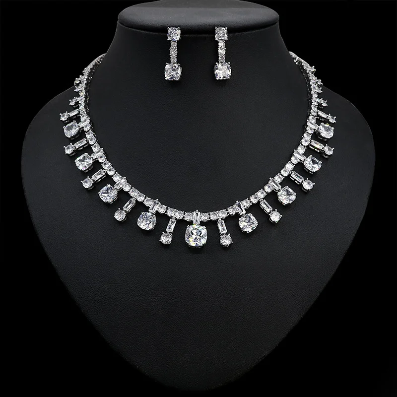 Luxury brand genuine real jewels Korean casual and versatile zircon banquet necklace for women's inset style advanced earrings s