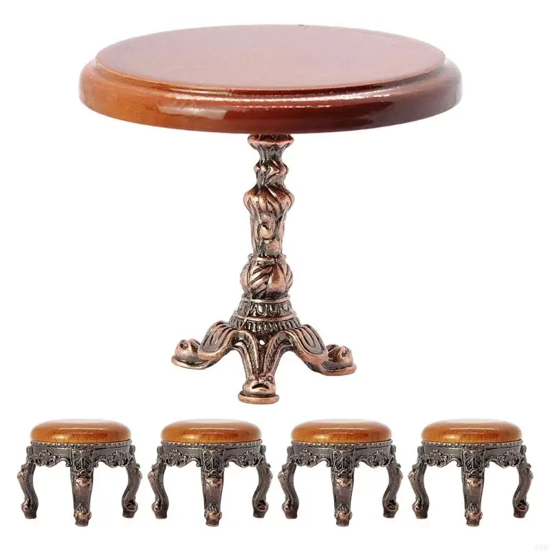 

J2HF Detailed Miniature Dollhouses Living Room Set Round Table 4 Chairs Alloy 1:12 Scale