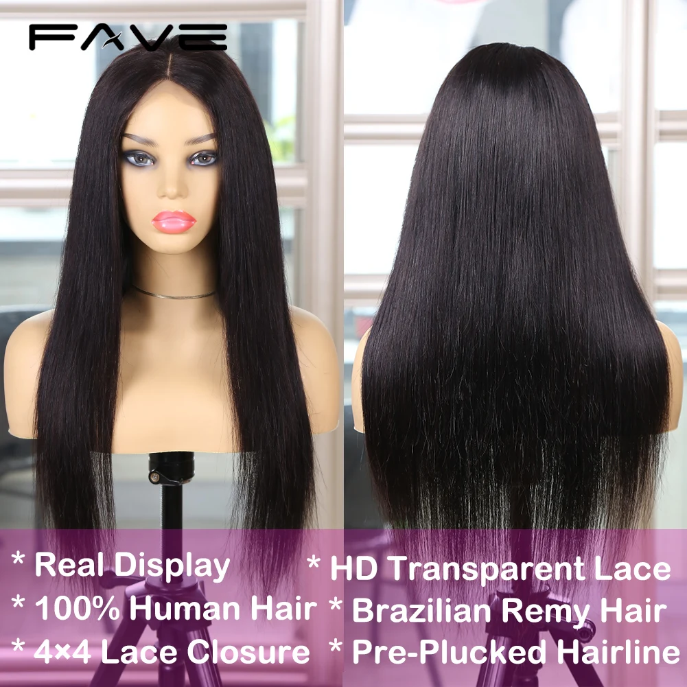 FAVE Lace Front Wigs Human Hair Straight Human Hair Wigs for Black Women 150% Density 4x4 Glueless Transparent Lace Frontal Wig