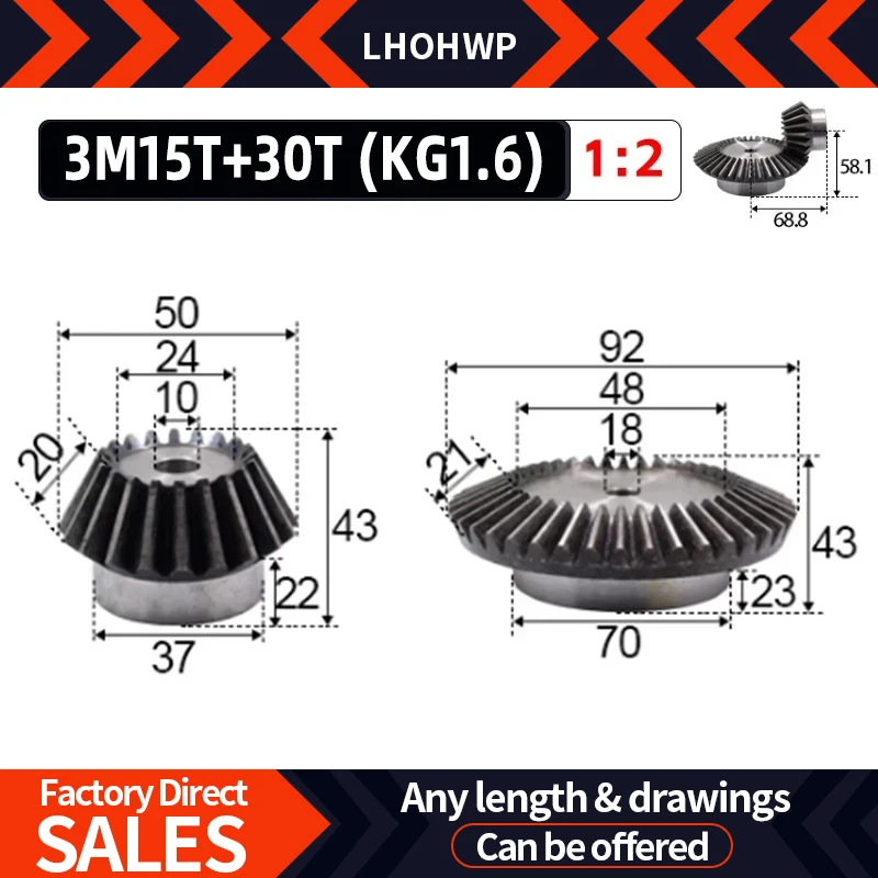 

1Pair 1:2 Bevel Gear 3M15Teeth+30Teeth Inner Hole 18mm 90 Degree Drive Commutation Steel Gears Steel Gears Screw M5