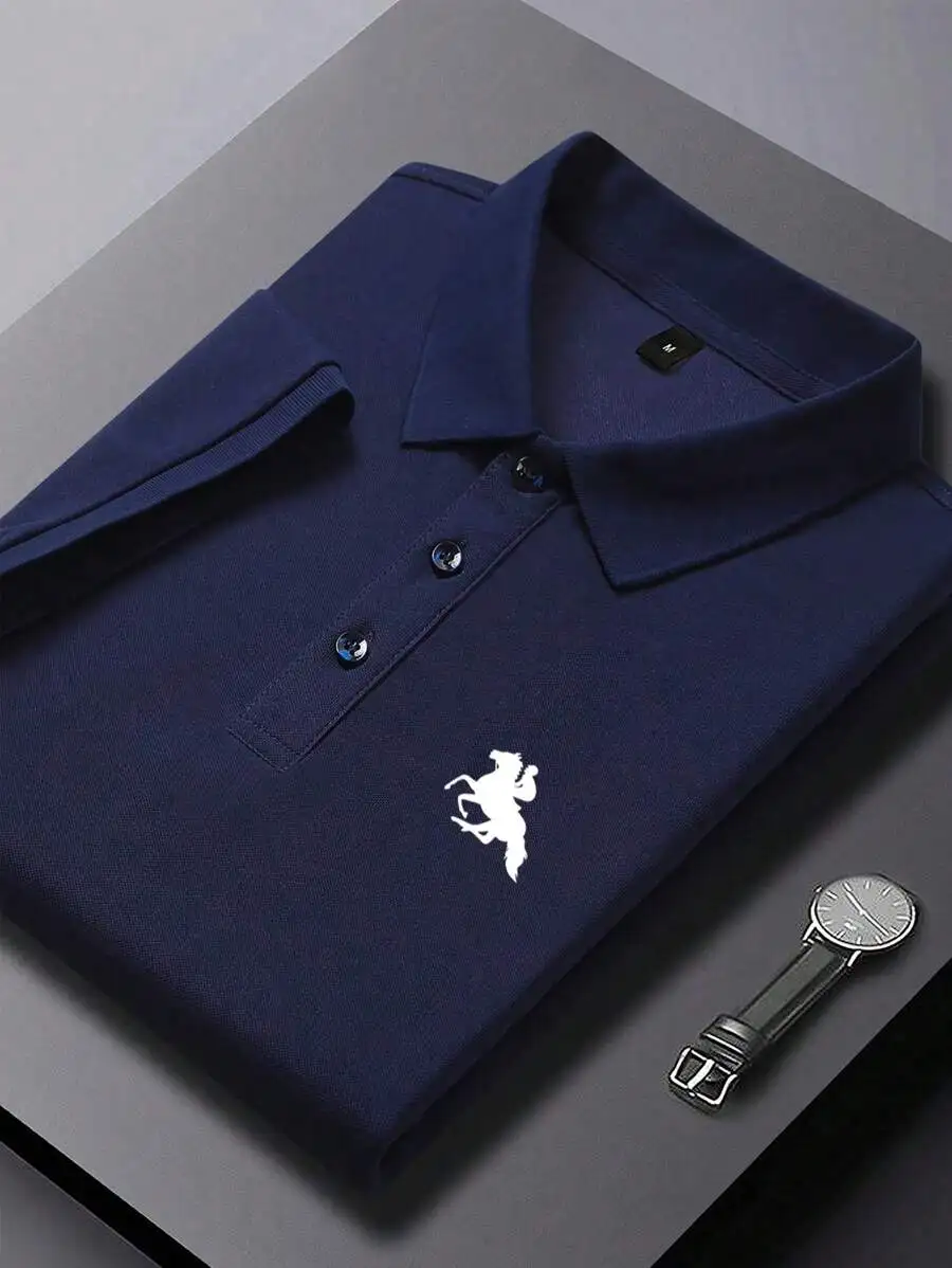 

Men's Navy Blue Short Sleeve Polo Shirt with White Horse Silhouette, Casual Summer Wear