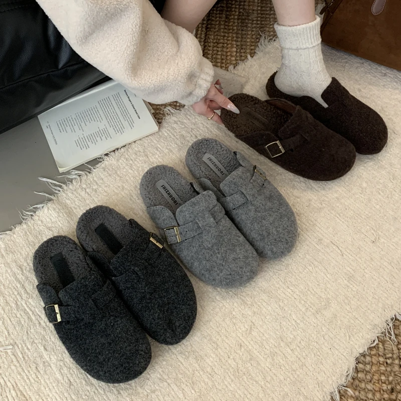 

Мюли на плоской подошве, женская обувь, осенне-зимние меховые тапочки с пряжкой, шлепанцы с закрытым носком, винтажные лоферы без шнуровки, серо-коричневые