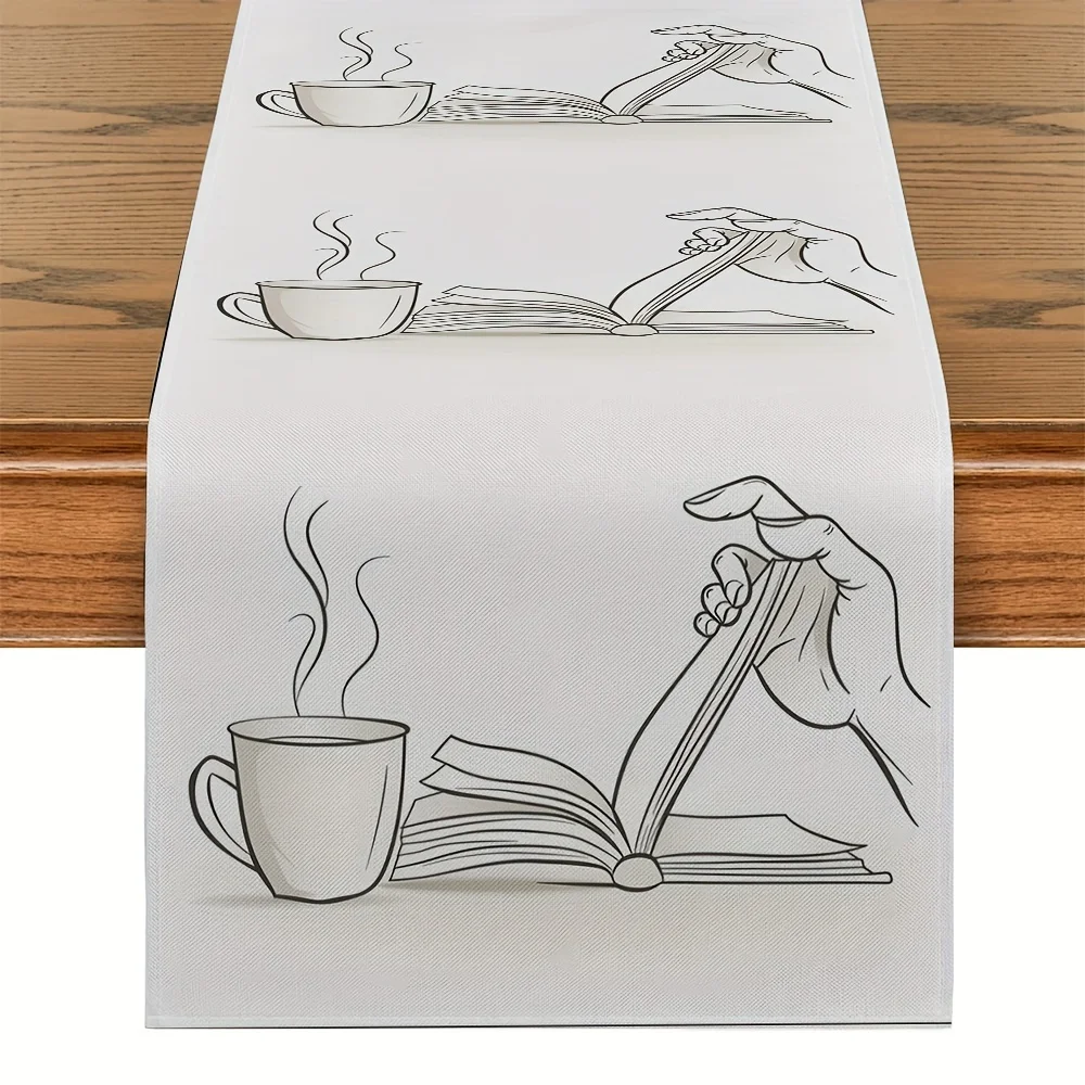 1 Piece of Striped Table Runner with Book and Coffee Cup Design, Suitable for Farmhouse, Indoor, Kitchen, Celebrations, Table Decoration, Restaurant and Banquet Decoration Supplies