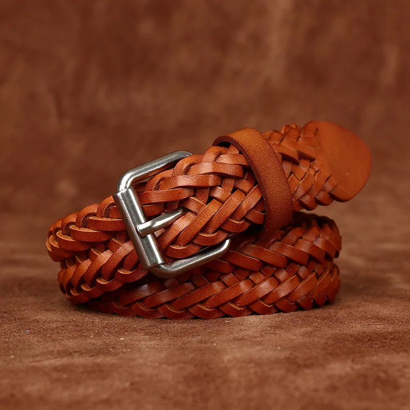 

3CM Hand Woven Genuine Leather Belt for Men Top Layer Cowhide for Women Belts, Retro Casual Trend, Woven Needle Buckle Belt